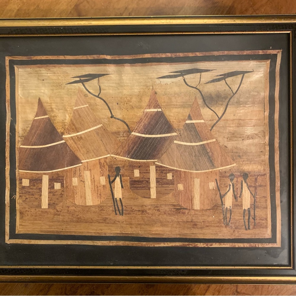 African Marquetry Rare Inlaid Wood Picture of Workers’ Hut w/Trees and Mountains